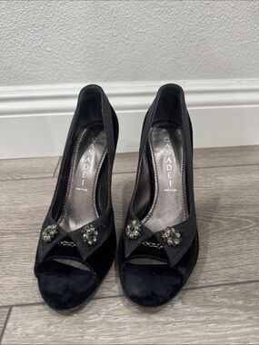 Casadei Black Peep-Toe Heels with Crystal Brooches